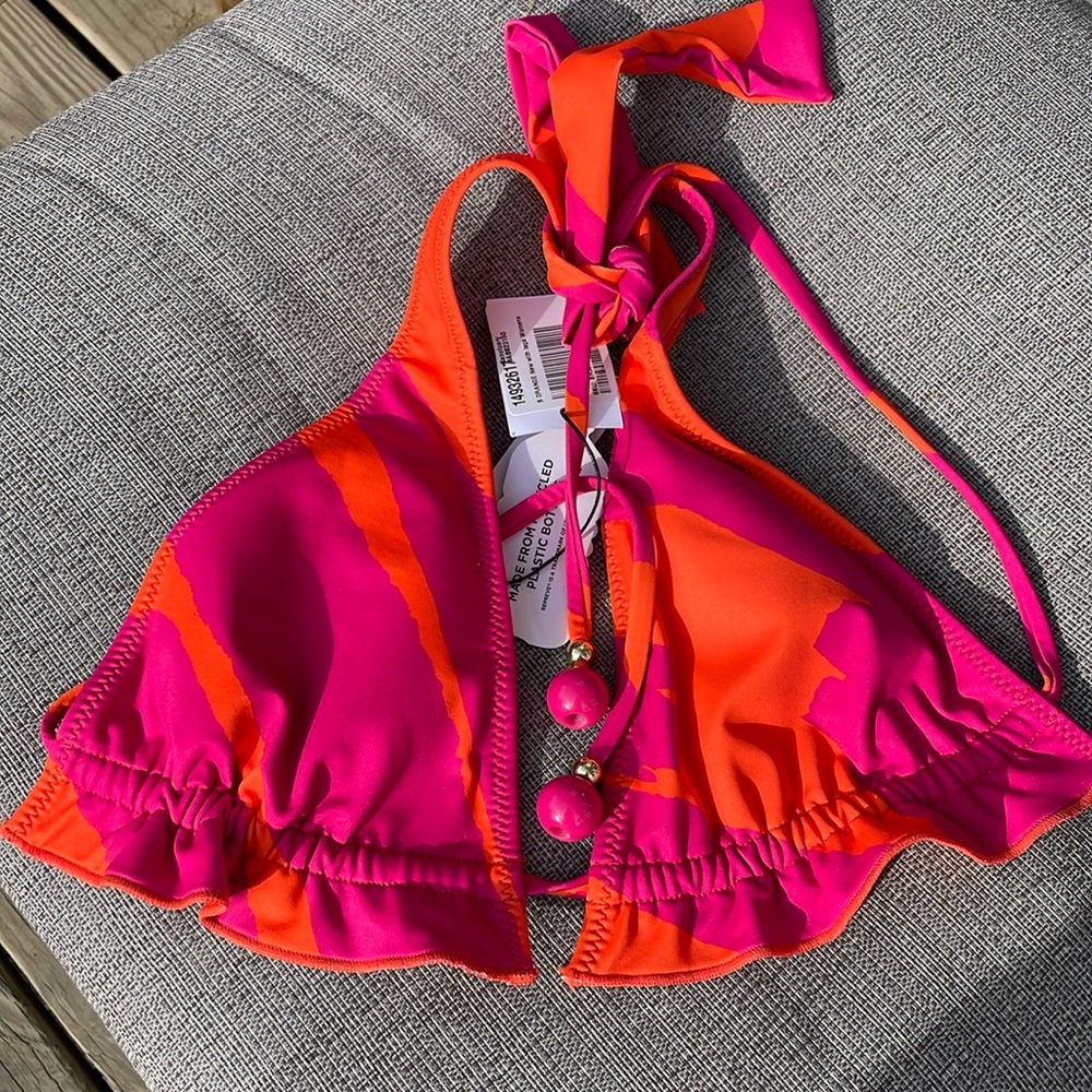 NWT fuscia pink orange ruffled adjustable string halter bikini top sanctuary